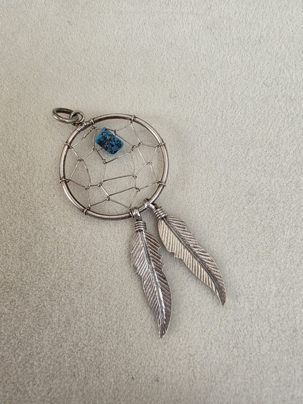 Silver Dreamcatcher Feather Necklace with Turquoise Accent - 1.20g
